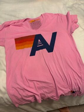 Aviator Nation Pink V-Neck Logo Tee with Sunset Stripe
